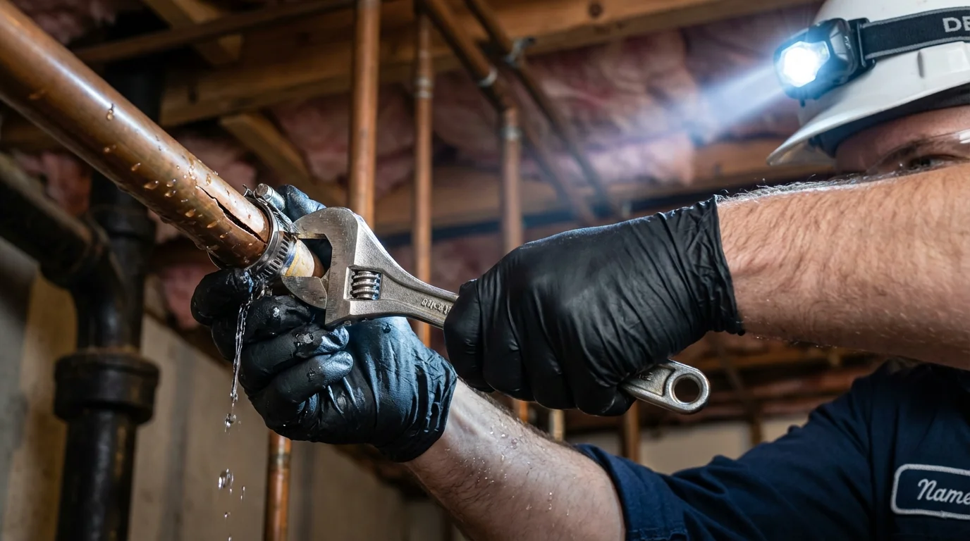 Emergency pipe clamp repair being performed by a Johns Plumbing LLC plumber in Simi Valley