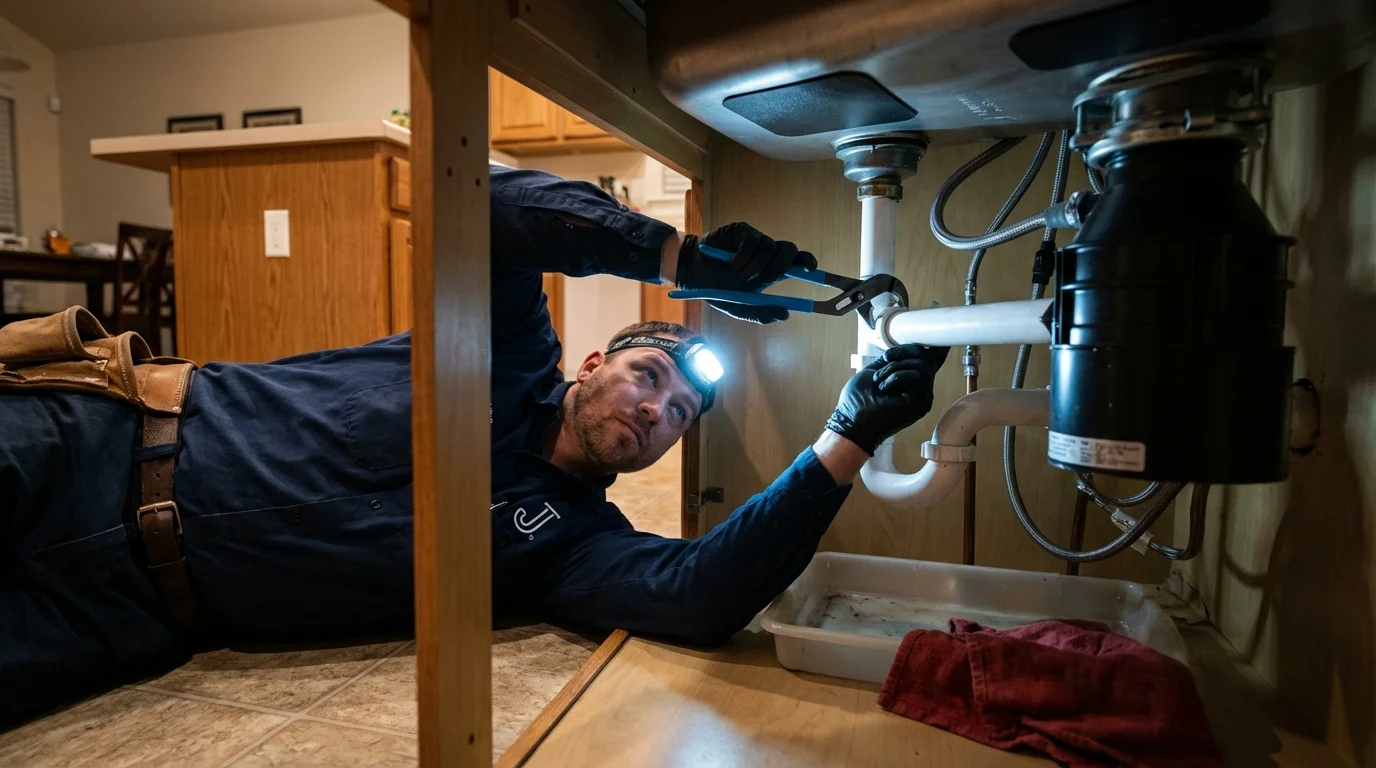 P-trap and supply line connections under a kitchen sink showing a common leak point in Simi Valley, CA